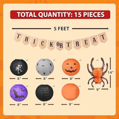 Halloween Paper Lanterns Set - Spider Bat Skeleton Pumpkin Decorations, 15 Pieces, 12 Inches, Colors