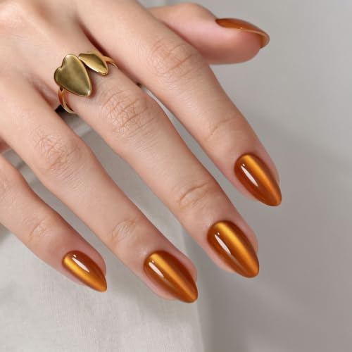 Short Almond Press-On Nails - Burnt Orange Cat Eye Nails - Maple Syrup 1E