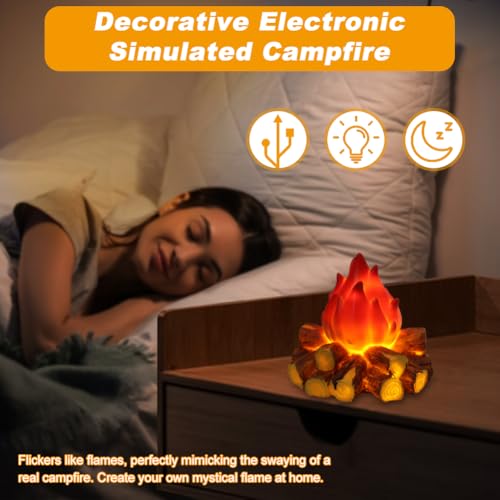 Small Fake Campfire Night Light - 3D Flickering LED Fire Flame with Log for Home Decor