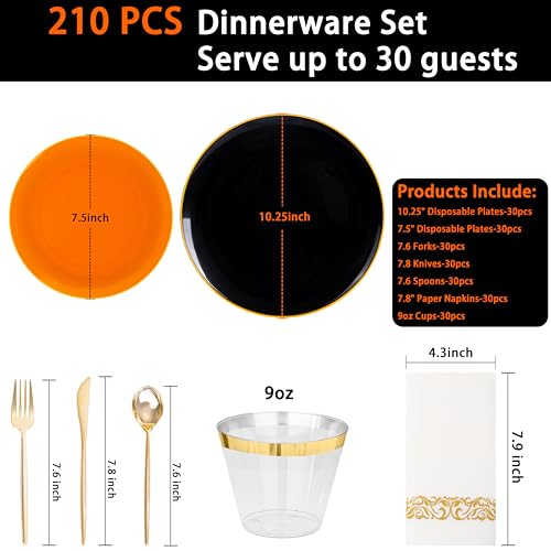 Black and Orange Disposable Plastic Plates Set - 210 Pieces, Halloween Party Dinnerware