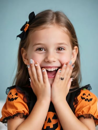 Halloween Kid Press On Nails - Sparkle Almond Fake Nails 24Pcs with Variation of Halloween Sparkle