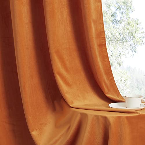 Orange Velvet Curtains for Bedroom Set of 2 - Room Darkening, Energy Saving, 52x108 Inches
