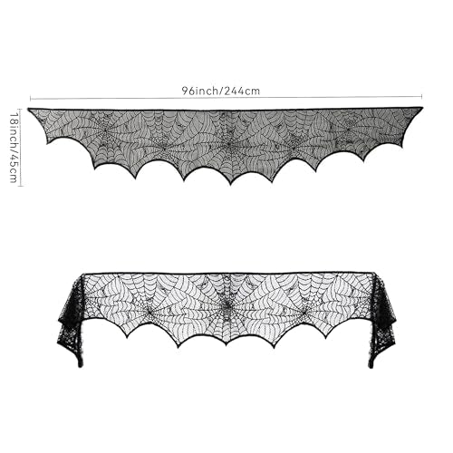 Halloween Mantel Scarf Black Lace Spiderweb for Fireplace Decor - 18x96 Inch - Black