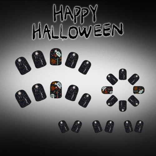 Halloween Press On Nails Short Square Black with Flower Ghost Pumpkin - Style3