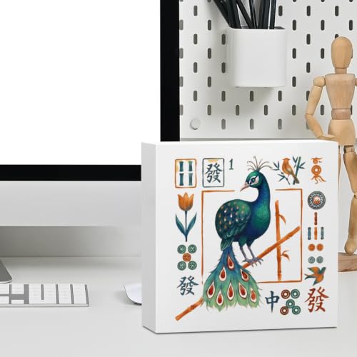 Wooden Bird Mahjong Desk Sign - White 1479, Rustic Table Decoration