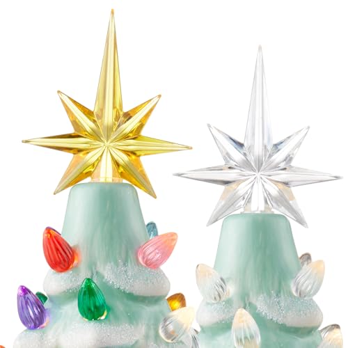 Hand Painted Ceramic Christmas Tree - Seafoam Snow Flocked 12-Inch Pre-Lit Tree with Multi-Color Lights & Star Toppers