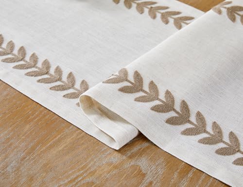 Taupe Linen Embroidered Table Runner 13x108 Inches - Elegant Dining Decor