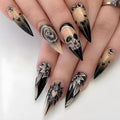 Halloween Skull Medium Almond False Nails - Dead Heart Design, 24Pcs, Glossy Black Rose Style - Variation 39