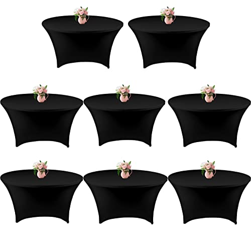 8 Pack 5FT Black Spandex Round Tablecloths - Fitted Stretchable Cover for Wedding & Events