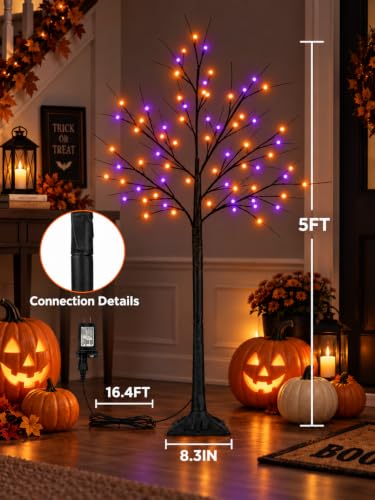 2-Pack 5FT Halloween Black Tree with Purple & Orange LED Lights - DIY & Weatherproof