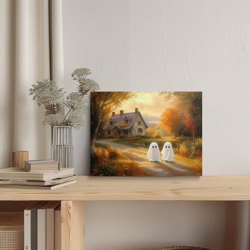 Halloween Ghost Wall Art Canvas 16x24 Inches - Rustic Ghost Decor for Fall & Halloween - Ready to Hang