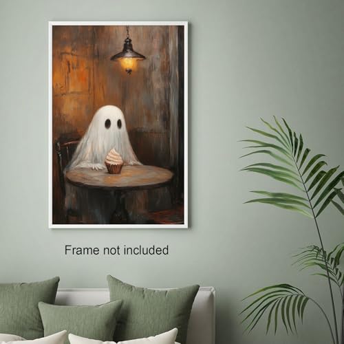 Ghost Eating Cupcake Wall Art Unframed 11x14in - Gothic Rustic Halloween Decor