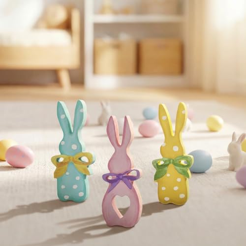 Wooden Easter Bunny Decor Set - Pastel Polka Dot Spring Holiday Ornament