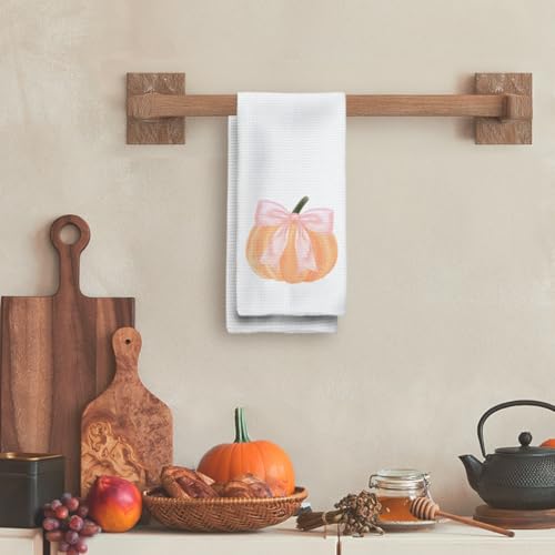 Pink Bowknot Fall Kitchen Hand Towels - Pumpkin Autumn Dishcloths - 16x24in - Pink-1