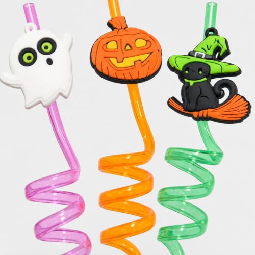 Halloween Theme Plastic Curly Drinking Straws with Charms - 16 Pcs Reusable