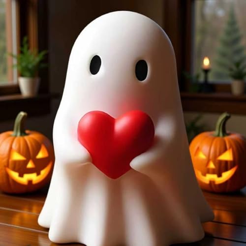 Halloween Cute Ghost Figurine with Red Heart - Ceramic Halloween Decor, Shelf or Mantel Decoration - Variation of THIS listing