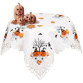 Halloween Embroidered Ivory Tablecloth 34 Inch - Spooky Pumpkin Bat Web