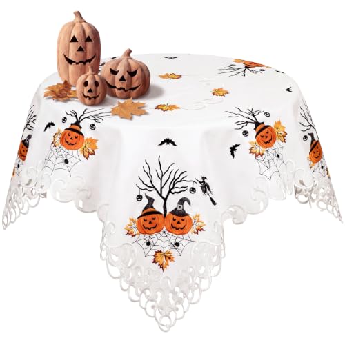Halloween Embroidered Ivory Tablecloth 34 Inch - Spooky Pumpkin Bat Web