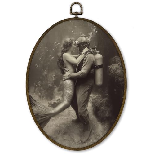 Mermaid Wall Art Decor - Coastal Beach Canvas Print, Oval Frame, 8.7x11.3in
