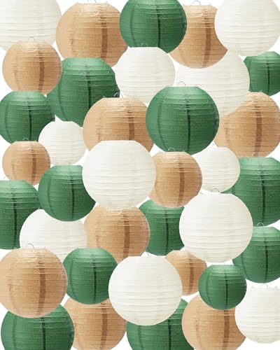 48 Pcs Dark Green Paper Lanterns Party Decorations - Round, Reusable, 4 Sizes
