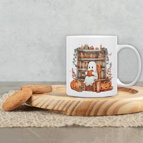 QASHWEY White Halloween Ghost Mug 11oz - Fall Book Lover's Coffee Tea Cup