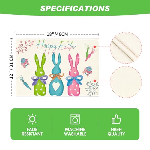 12x18 Inch Bunny Easter Placemats Set of 4 - Spring Table Decor, Rectangular Blue & Pink