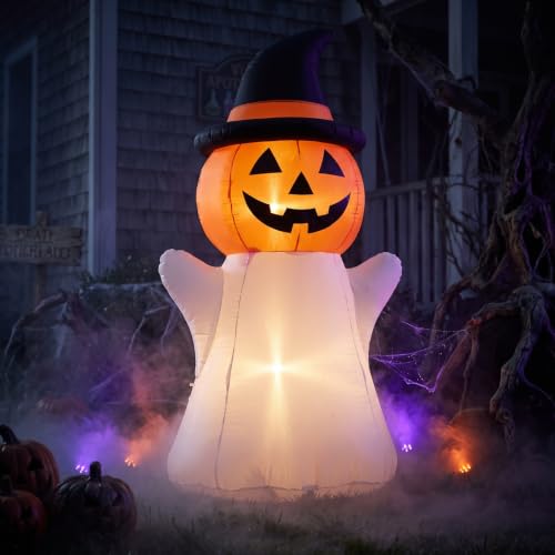Pinkunn 5Ft Halloween Inflatable Pumpkin Ghost Decoration - Outdoor Scene, LED Light, Easy Setup, Variation: Pumpkin Ghost / 5ft