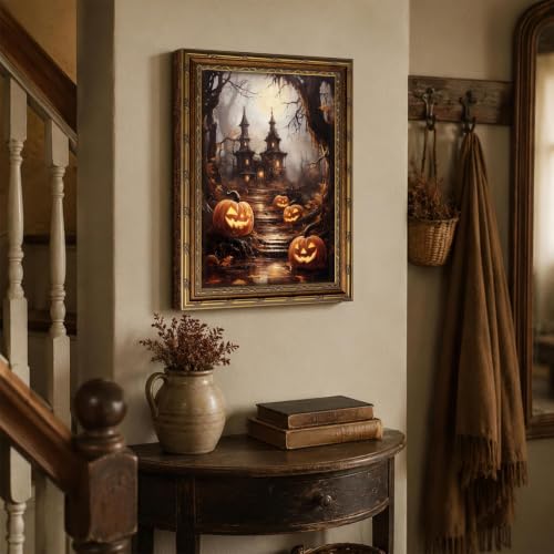 Haunted House Pumpkins Halloween Wall Art - Vintage Gold Framed Canvas, 24x16 Inches