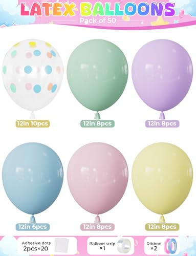 Pastel Rainbow Balloons with Polka Dot Design - Adeyoo, 12 Inch, 50 Pcs, No Mess Confetti Effect