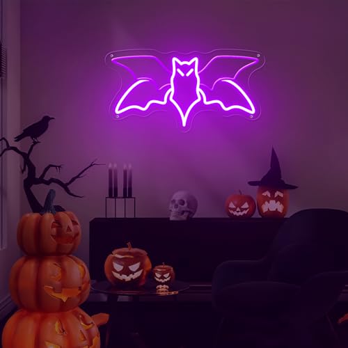 15IN Purple Bat Neon Sign Halloween Wall Decor - 3D Animated LED Light for Bedroom & Party