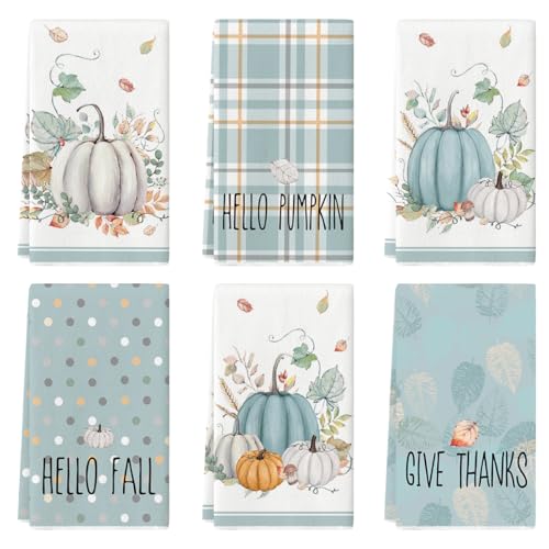 Blue Stripes Pumpkin Fall Kitchen Towels Set of 6 - 18x26 Inches
