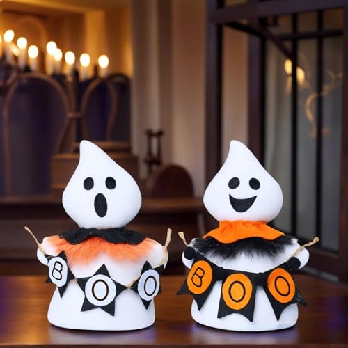 Halloween Ghost Plush Decorations Set of 2 - Boo Banner, 8.3 Inch, White & Orange, Cute Halloween Decor & Gifts - Variation of THIS listing
