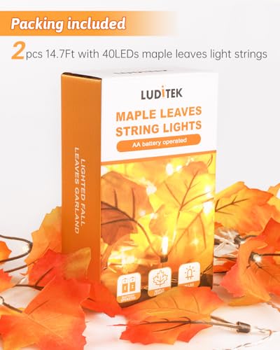 2 Pack Fall Maple Leaf Garland with Lights - 8 Lighting Modes Waterproof Battery Operated Decor