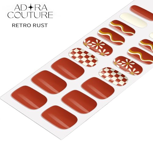 Adora Couture Retro Rust Gel Nail Strips Set - Semi Cured UV Nail Wraps, Manicure Kit with Prep & File