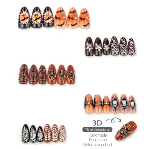 Halloween Press On Nails - Gothic Bat Ghost Spider Web Leopard Flower Design, Gold Rhinestones - Colorful-11