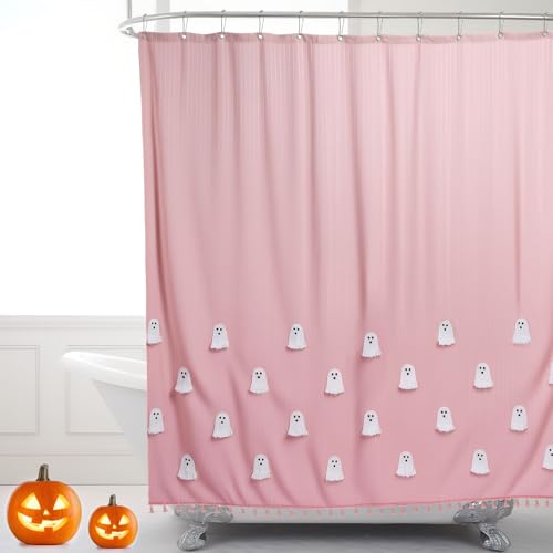 Halloween Ghost Shower Curtain Pink and White Cotton Embroidery - Cute & Spooky