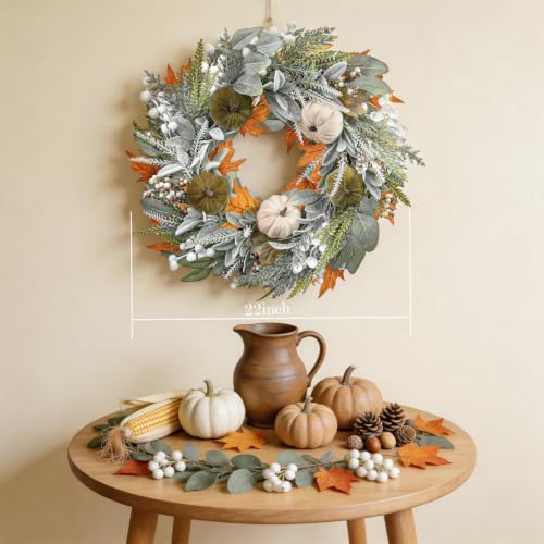 22 Inch Fall Eucalyptus Wreath with Pumpkins Berries and Maple Leaves for Front Door Indoor Outdoor Halloween Thanksgiving Decor