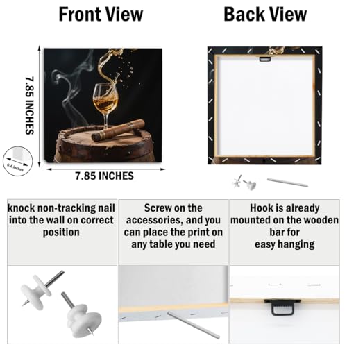 Whiskey & Cigar Wall Art Canvas Set - Framed Modern Bar Decor - Variation of Whiskey Cigar