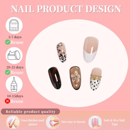 Floral Polka Dot Style 30Pcs Almond Medium Fake Nails with Leopard & Flower Design