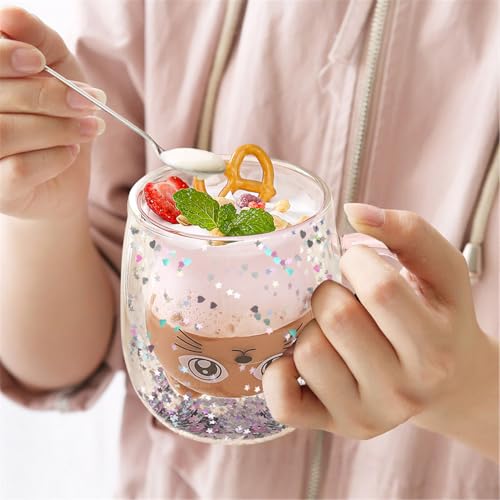 Glittery Pink Cat Mug - Double Walled Glass Coffee Latte Cup for Cat Lovers