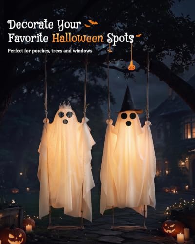 2-Pack Swinging Ghost Outdoor Halloween Decorations - Adjustable 4.5-7.2 FT Wind-Activated Ghosts with Lights