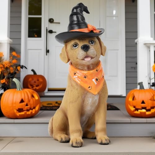 Indoor Halloween Dog Statue with Witch Hat - Ghostly Puppy Figurine for Holiday Decor - 5x7x13 Inches - Spooky Gift