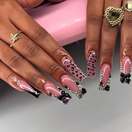 Long Press-On Nails with Bow Design - Black French Tips & Rhinestones, 24 Pcs - Variation: Black Bow