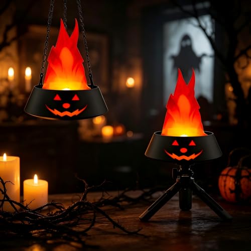 Halloween Flame Lantern Black & Red Pumpkin Hanging Light - Reusable Flame Effect