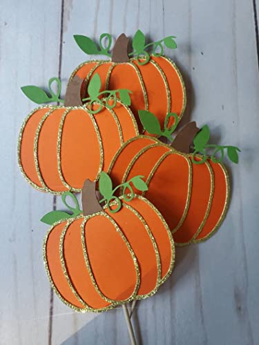 Fall Pumpkin Cupcake Toppers - 12 Glitter Pumpkin Party Decorations