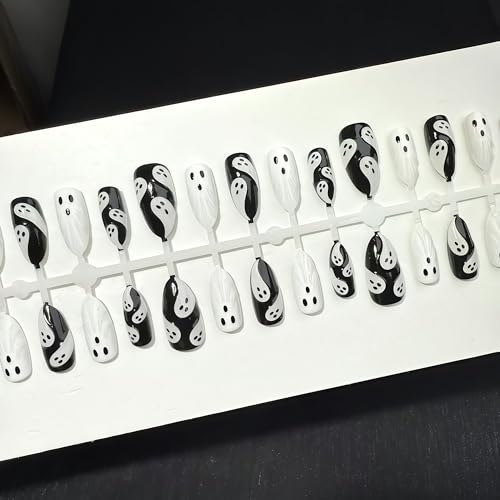 Halloween Ghost Press On Nails - Gothic Fake Nails with Glue - Medium Almond, 30Pcs