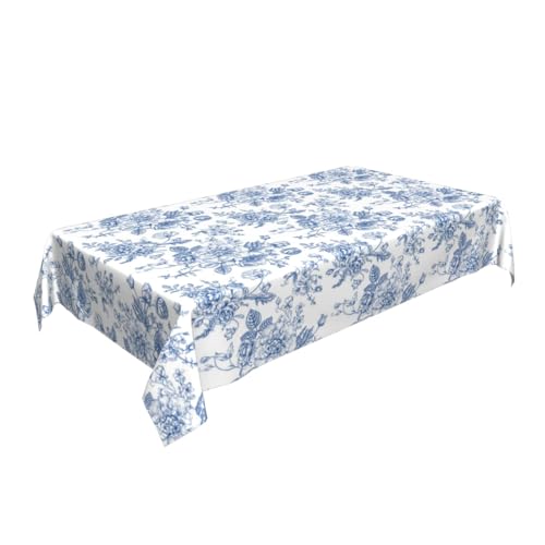 Blue Floral Square Tablecloth 60x104 Inch - Chinoiserie Flower Toile Polyester - Blue & White Decor for Parties and Kitchen