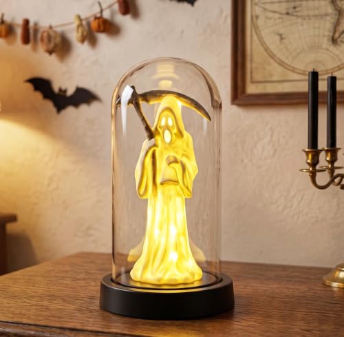 Yellow Grim Reaper Ghost Halloween Decor Light - LED Tabletop Lamp with Glass Dome