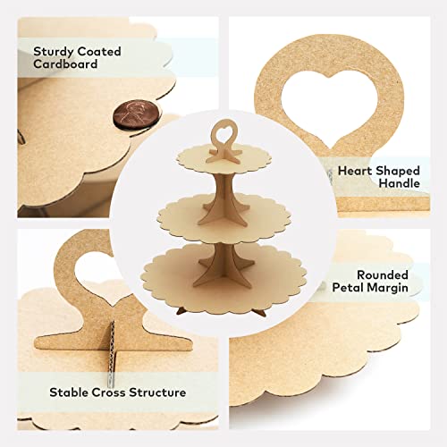 Brown 2-Pack 3-Tier Cupcake Stand Rustic Kraft Paper Decor Tower - Heart Handle Design, Easy Assembly for Weddings & Parties