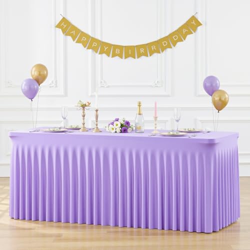 Lavender Spandex Tablecloths for 6ft Rectangle Tables - 4 Pack Light Purple Stretch Fitted Cover with Skirt